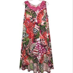 Vintage 90s Y2K Butterfly Floral Rhinestone Applique Boho Coastal Swing Dress 14